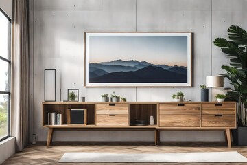 Wooden Cabinet, Dresser, and Blank Poster Frame in Modern Living Room
