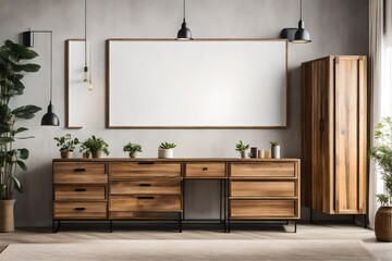 Wooden Cabinet and Dresser Enhancing Rustic Home Interior with Poster Frame