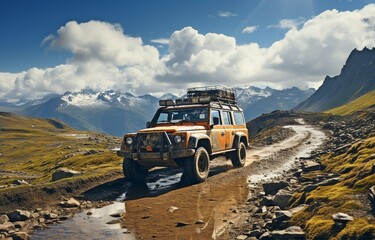 On a steep mountain pass, an off-road 4x4 vehicle. - obrazy, fototapety, plakaty