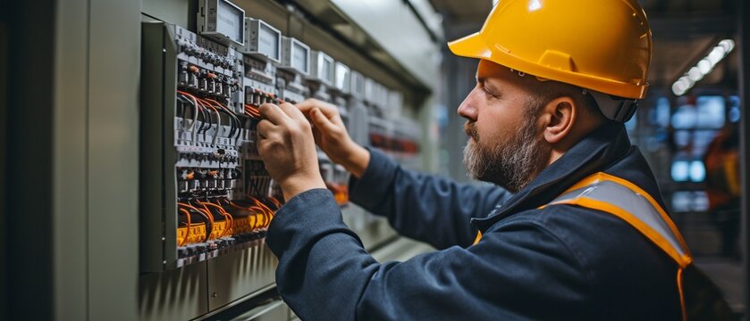 An expert is monitoring the voltage on the solar inverter. An individual measures the output voltage with a current probe. Man in a helmet pointing to the PV panel's backside inverter dial .