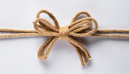 one old rope Bow Twine on white background; cut out, top view, space for text and horizontal isolated flat lay, entire shot