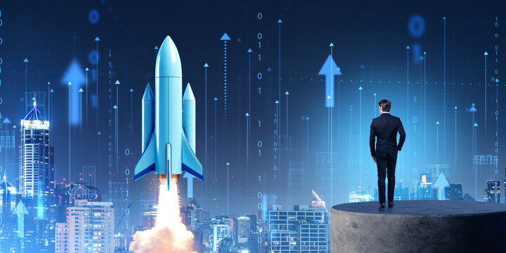 Businessman on stand with cityscape and rocket flying. Ai generative illustration