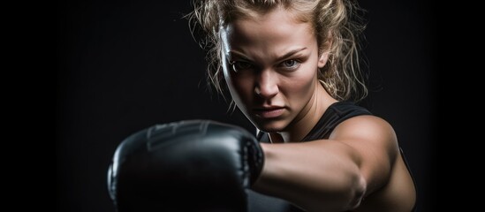 Female Boxer MMA fighter posing with black gloves. - obrazy, fototapety, plakaty