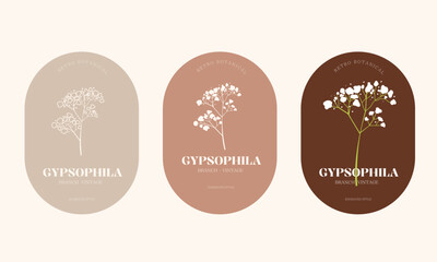 Vector hand drawing linear set of botanical icons and emblems. Natural cosmetic products. 