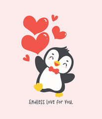 Penguin Valentine with heart cartoon animal hand drawing illustration.