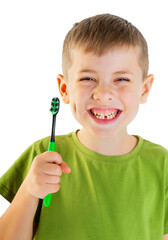 Smiley boy cleans a teeth isolated on white background - 693755036