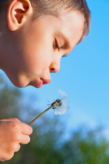 Boy blowing dandelion with sky on background