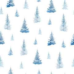 Seamless Pattern with Watercolor Snowy Blue Spruce Trees on White Background. Winter background for cards, invitations, print on clothes. Vector