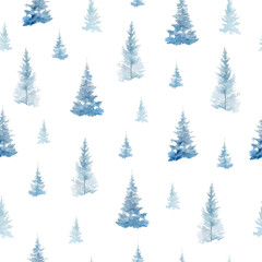Obraz premium Seamless Pattern with Watercolor Snowy Blue Spruce Trees on White Background. Winter background for cards, invitations, print on clothes. Vector