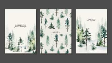 Christmas Cards with Forest Winter Landscape in Watercolor Style. Greeting Cards with Coniferous Trees. Vector - obrazy, fototapety, plakaty