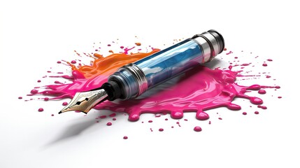 Fountain pen and ink splash isolated on white background.