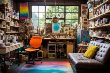 A studio space with a combination of industrial shelving, vibrant art supplies, and cozy seating for creative expression