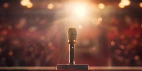 Close up of microphone in concert hall or conference room
 - obrazy, fototapety, plakaty