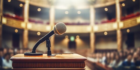 A speaker on the rostrum is making an important speech to the audience, with the central lights and the seats in the hall in the background - obrazy, fototapety, plakaty