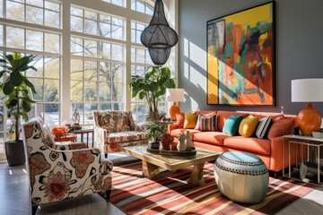 A vibrant living room with a mix of eclectic patterns, modern furniture, and large windows providing abundant natural light, creating a lively and welcoming space