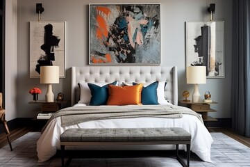 A bedroom with a blend of textured fabrics, modern lighting, and a gallery wall featuring eclectic artwork