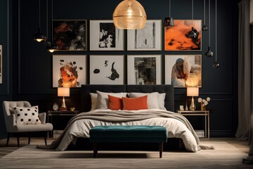 A bedroom with a blend of textured fabrics, modern lighting, and a gallery wall featuring eclectic artwork, making it a personalized and stylish sanctuary for relaxation