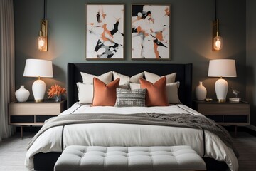A bedroom with a blend of textured fabrics, modern lighting, and a gallery wall featuring eclectic artwork