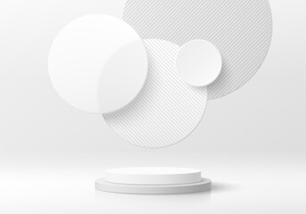 Realistic white 3D cylinder podium pedestal with floating overlap circle gray background. Minimal wall scene for products stage showcase, promotion display. Vector geometric platform. Abstract room.