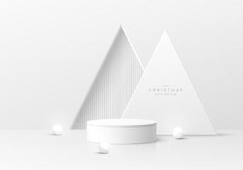 3D white cylinder podium pedestal background with triangle gate and neon ball. Merry christmas scene. Minimal mockup or product display presentation, Stage showcase. Platforms vector geometric design.