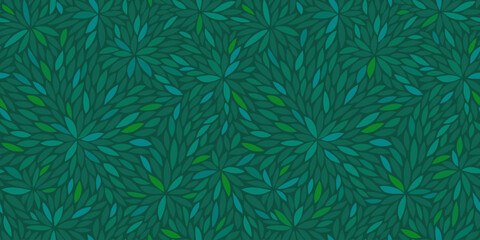 Seamless pattern with green doodle leaves. Repeat texture with abstract cartoon plant. Simple floral background. Wallpaper, textile design template. Vector illustration - obrazy, fototapety, plakaty