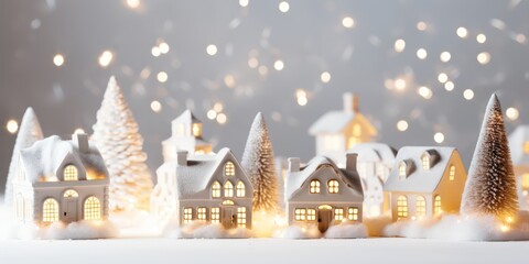 Atmospheric miniature winter village. Stylish cute little ceramic houses and christmas wooden trees on soft snow blanket with glowing lights