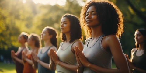 women stretching arms outdoor. Yoga class doing breathing exercise at park. Beautiful fit women doing breath exercise together with outstretched arms.
