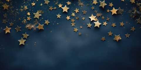 Photo of a few stars covered with gold lea on dark blue background, golden star shapes - obrazy, fototapety, plakaty