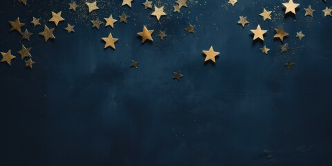 Photo of a few stars covered with gold lea on dark blue background, golden star shapes - obrazy, fototapety, plakaty