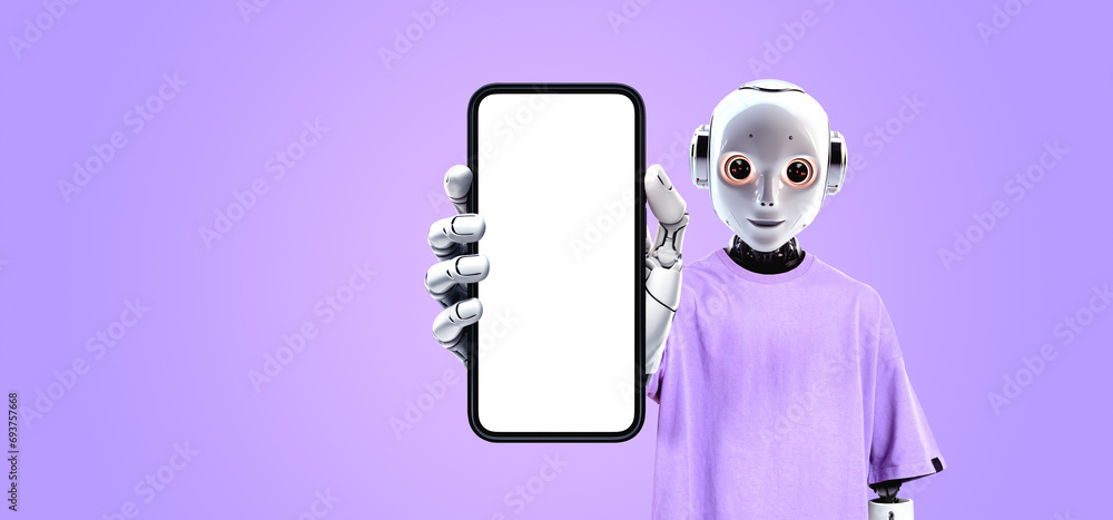 Poster robot kid showing a large phone empty mock up screen. ai generative illustration