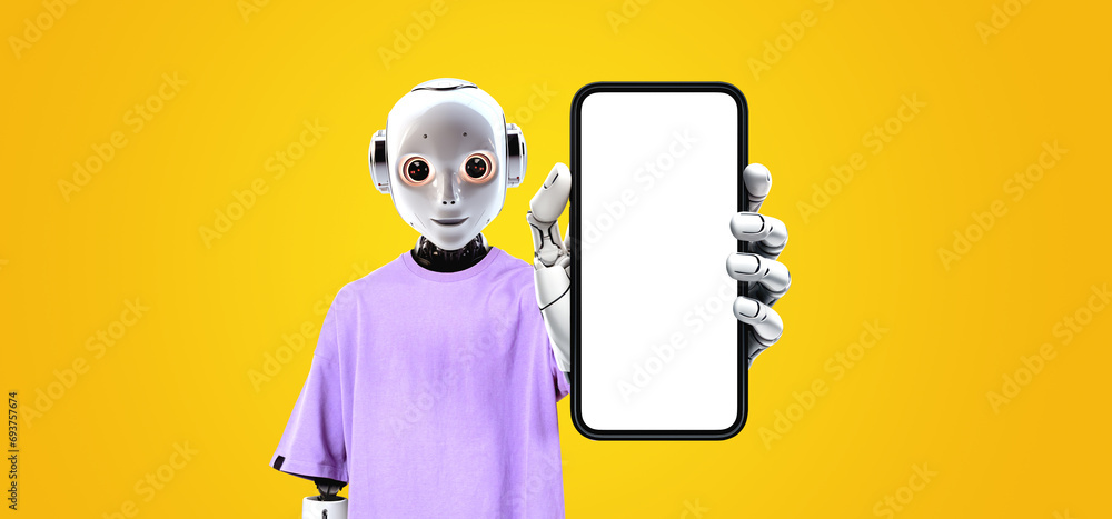 Poster Robot child showing a big phone empty mock up screen. Ai generative illustration