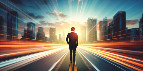 Businessman walking on highway, city traffic lights. Ai generative illustration - obrazy, fototapety, plakaty