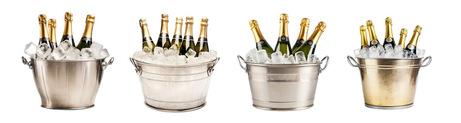 Collection of PNG. Bottles of champagne in ice bucket cooler isolated on a transparent background.