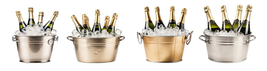 Collection of PNG. Bottles of champagne in ice bucket cooler isolated on a transparent background.