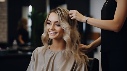Fototapeta premium Beautiful blonde model woman in the hairdresser salon gets a new haircut, sitting on the chair and talks to the hairstylist.