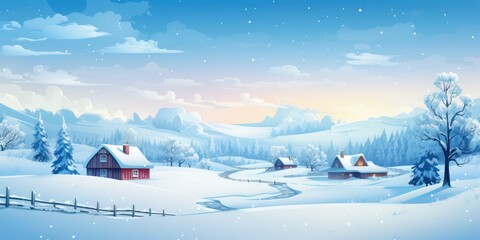 Winter snow landscape and houses background with snowflakes falling from sky. Christmas winter...