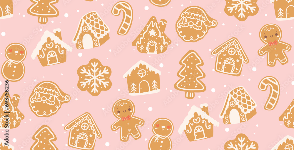 Wall mural cute kawaii Christmas pattern seamless gingerbread hand drawing isolated on pink background