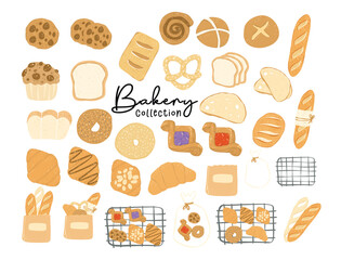 Cute Bakery and pastry breakfast bread collection in flat design cartoon hand drawing illustration.