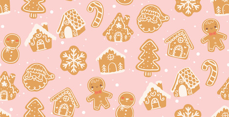 cute kawaii Christmas pattern seamless gingerbread hand drawing isolated on pink background