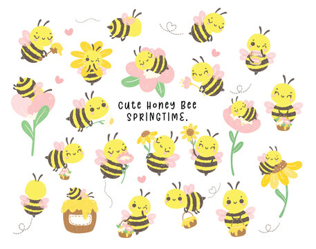 Cute bee Baby with honey and flowers Cartoon collection in adorable poses. Kawaii Animal Drawing .