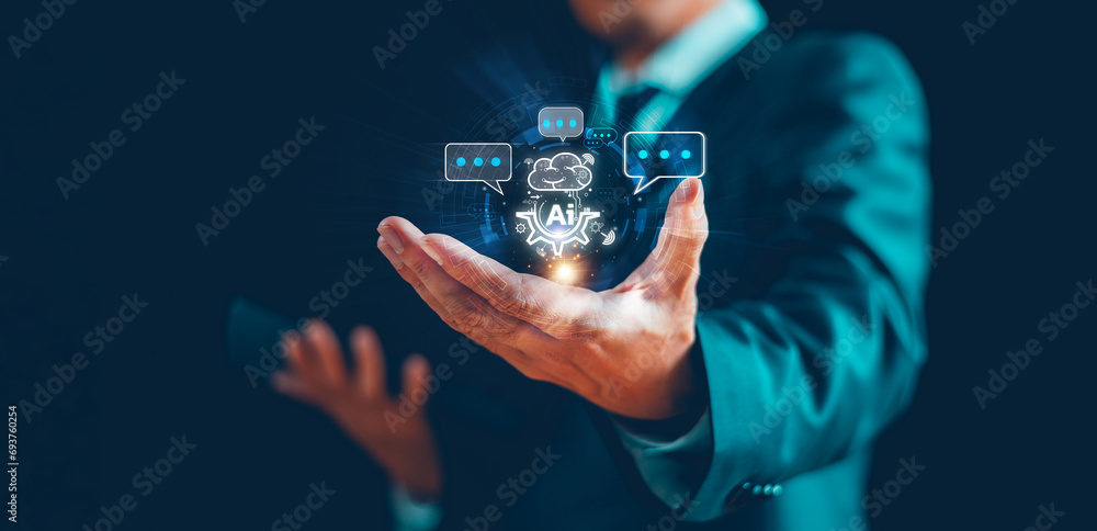 Poster businessman show smart business data developer service management. ai bot, artificial intelligence t