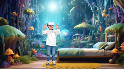 Emotional boy in vr glasses in underworld. Ai generative illustration