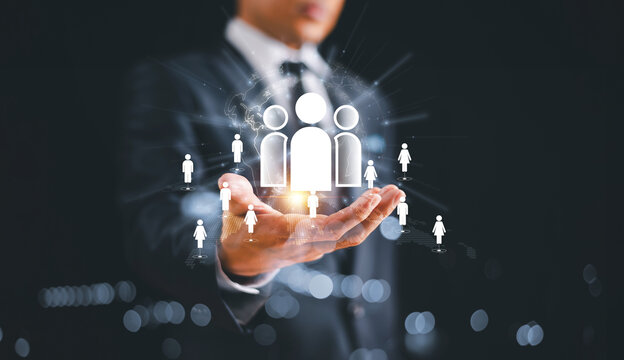 CRM, Customer Relationship Management. Businessman show global network client service. Cloud network technology, Data partner solution development concept. Social digital marketing business strategy