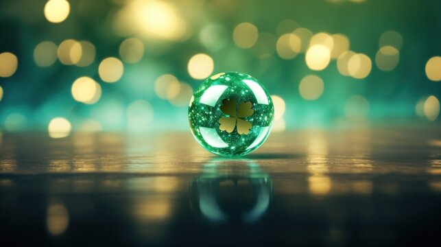 Glass ball with clover leaf on green bokeh background.