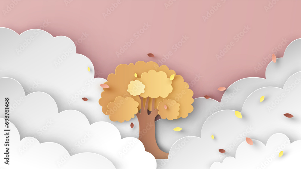 Poster a lonely tree is changing colorful in the autumn mist. trees change color in autumn. autumn landscap