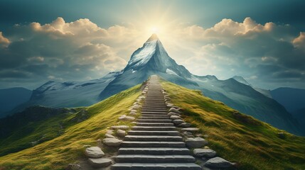 Digital mountain The path to success or business goals achievement concept