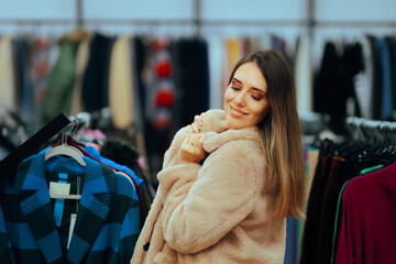 Woman Wearing a Fur Coat in a Fashion Store . Rich girl wearing extravagant fashionable statement...