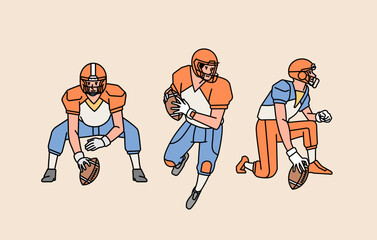 American football character players in action set line style illustration