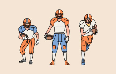 American football character players in action set line style illustration