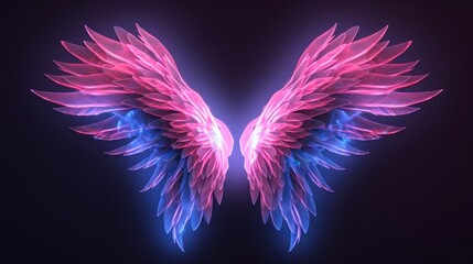 vibrant neon angel wings on uv geometric background - cyberspace futuristic concept in pink and...